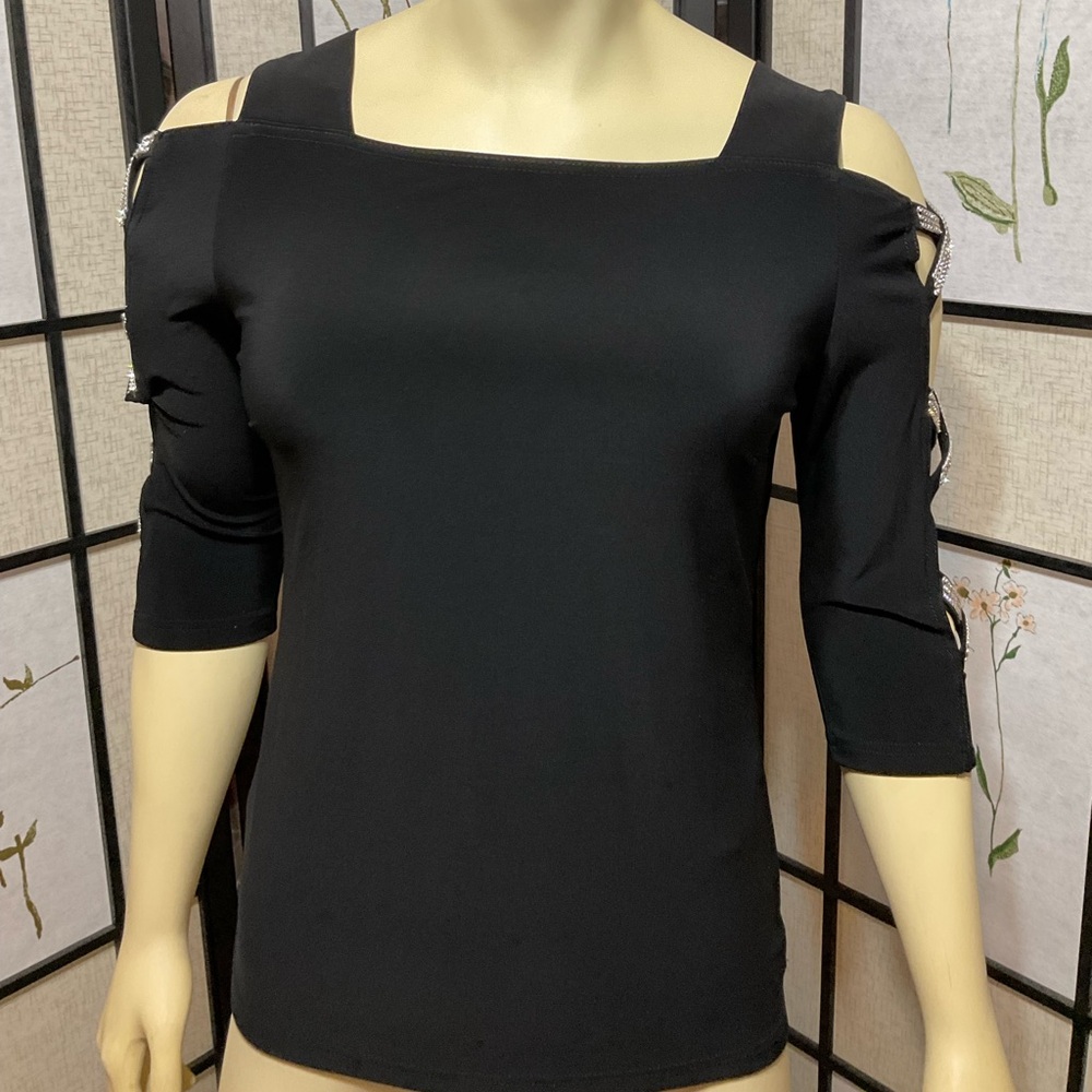 Joseph Ribkoff Cold Shoulder Top with Rhinestone Embellishment - Picture 2 of 9